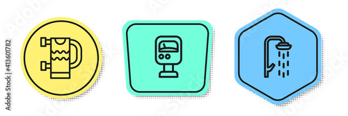 Set line Heated towel rail, Pressure water meter and Shower. Colored shapes. Vector.