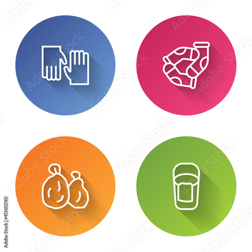 Set line Rubber gloves, Socks, Garbage bag and Bucket with rag. Color circle button. Vector.
