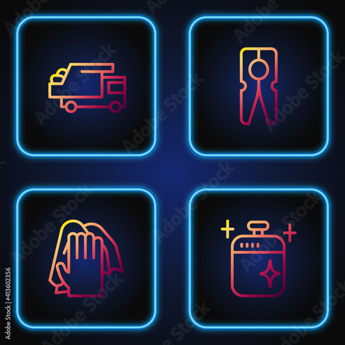 Set line Clean cooking pot, Cleaning service, Garbage truck and Clothes pin. Gradient color icons. Vector.