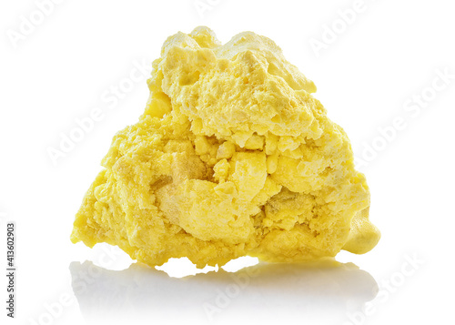 Extreme sharp and detailed closeup macro of natural raw piece of native Sulfur or Sulphur mineral stone isolated on white background. Chemical element with S symbol in the periodic system
