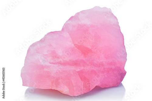 Raw uncut Rose quartz mineral isolated on white background. Crystal gemstone healing