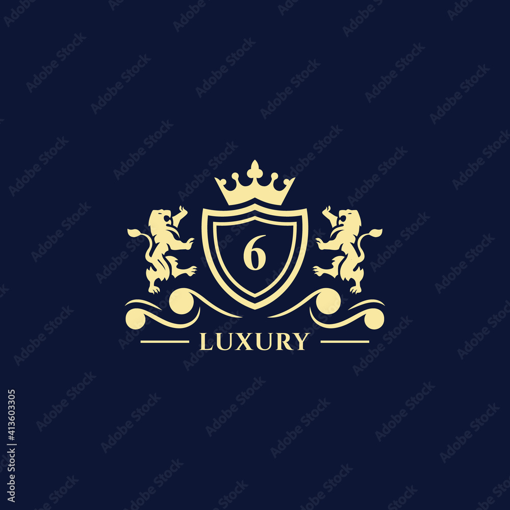 6 Digit or Number Gold luxury vintage monogram floral decorative logo with crown design template Premium Vector. Logotype for uses in different spheres. Fashion, royalty, boutique.