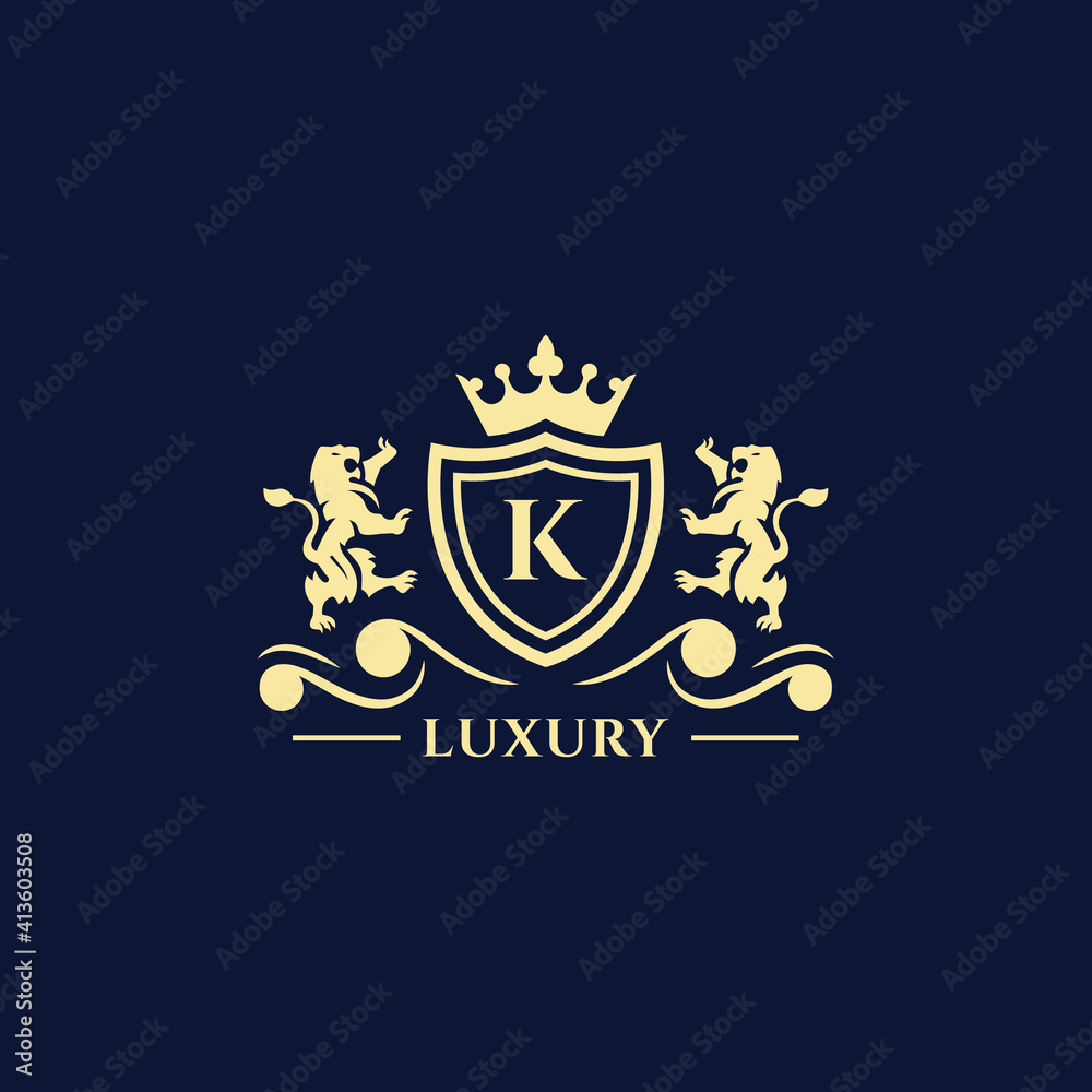 K Letter Gold luxury vintage monogram floral decorative logo with crown design template Premium Vector. Logotype for uses in different spheres. Fashion, royalty, boutique.