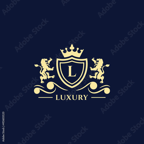 L Letter Gold luxury vintage monogram floral decorative logo with crown design template Premium Vector. Logotype for uses in different spheres. Fashion  royalty  boutique.