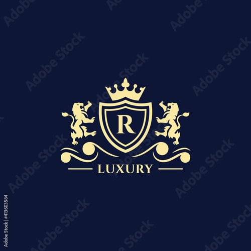 R Letter Gold luxury vintage monogram floral decorative logo with crown design template Premium Vector. Logotype for uses in different spheres. Fashion, royalty, boutique.