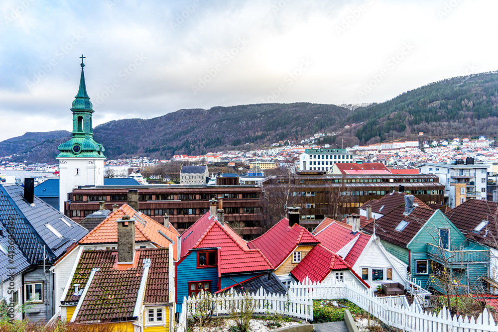 Norway, the city of Bergen, view over the roofs of Bergen's houses.