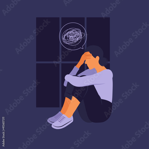 Woman in depression with bewildered thoughts in her mind. Young sad girl sitting in window and hugging her knees. Flat style