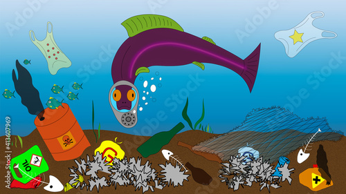 Fish with a gas mask in a heavily polluted ocean