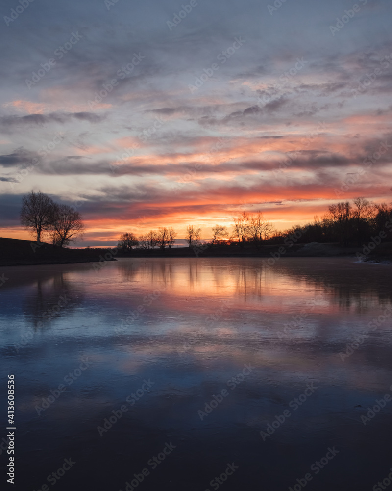 beautiful sunrise over the lake outside the city beautiful sunrise over the lake outside the city
