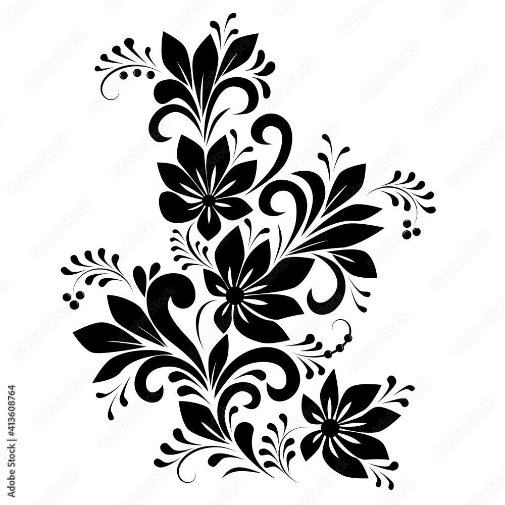 Floral decorative ornament in black on a white background. A pattern of flowers, leaves, curls. Silhouette of a decorative bouquet. Floral design element.