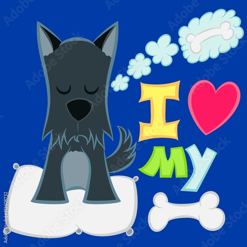 Illustration vector cute schnauzer puppy with text and background for fashion design
