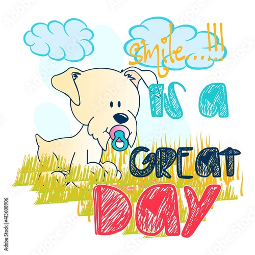 Illustration vector cute schnauzer puppy with text and background for fashion design