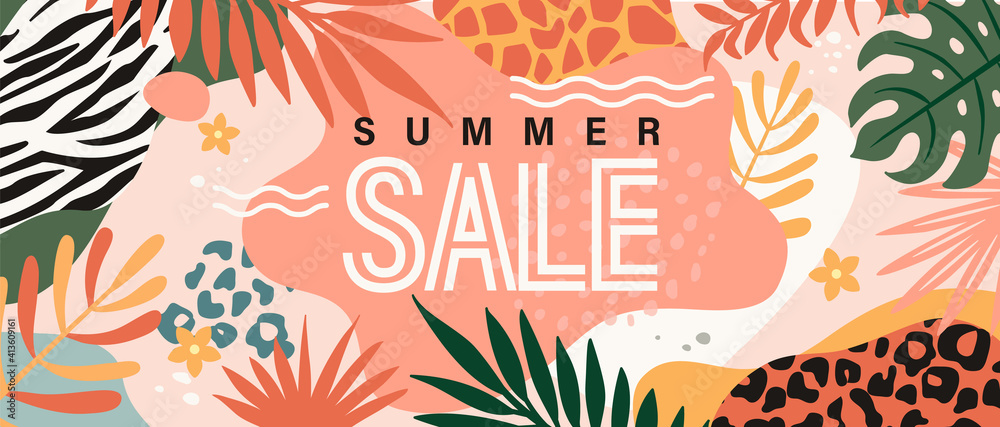 Fototapeta Summer Sale banner, invitation for shopping in hot season, with animal print.Discount poster, flyer, card with tropical leaves.Special offer for fashion retail, template for design.Vector illustration