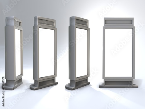 3D RENDER ILLUSTRATION. Advertising stand displays media movie screen blank board.  