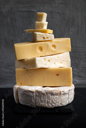 Assortment of different cheese types . Different types of delicious cheese, closeup. Cheese Collection:Pecorino,Taleggio,Fontina,Camembert,Maasdam.