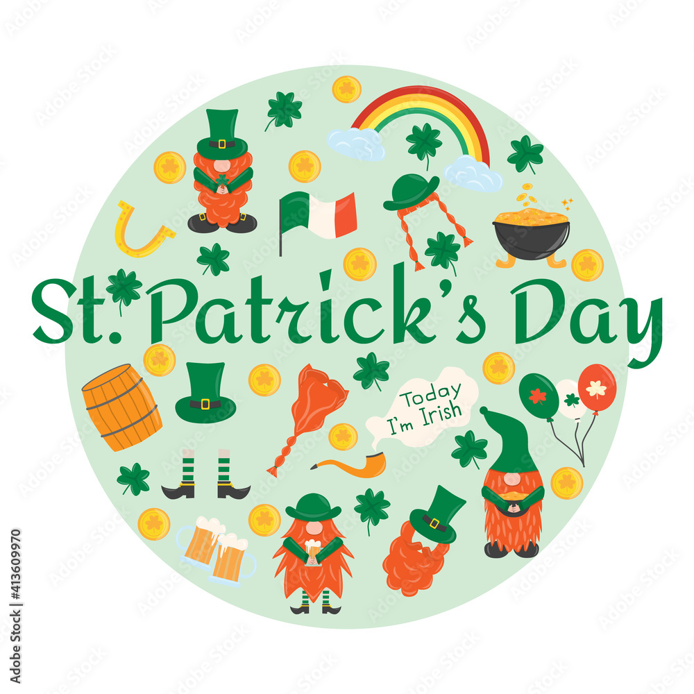 Elements for St. Patrick s Day. Set with leprechauns, horseshoe, clover, beer, barrel, beards, golden pot, rainbow. Cartoon illustration for pub invitation, t-shirt design, card, decor