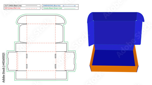 Corrugated mailer box or shipping roll end box dieline template and 3D render file photo