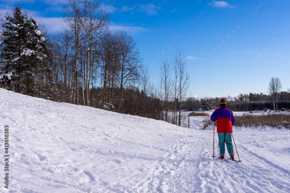 Elderly senior man or woman skier rides on sunny winter day. Healthy activity old people lifestyle. Ski track on the snow field. The edge of the forest with rows of trees evergreens covered with snow.