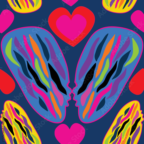 Mirroring surreal faces, vibrant colors, shapes, hearts, psychedelic look.