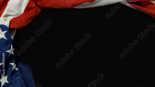 Close up of waving national usa american flag on black background with copy space for text.