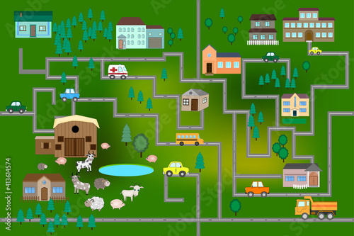 Cartoon map with farm, roads, cars and houses. City map for children with maze. Play mat