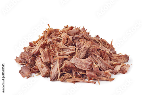 Heap of shredded beef on white
