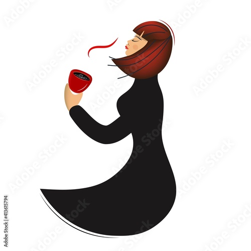 Girl drinking coffee. Isolated illustration on white background. Coffee break concept. Flat cartoon style. Vector isolated illustration on white background.