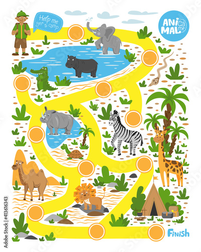 Labyrinth for children. Help the tourist find the way to the camp. Educational game. Wild animals