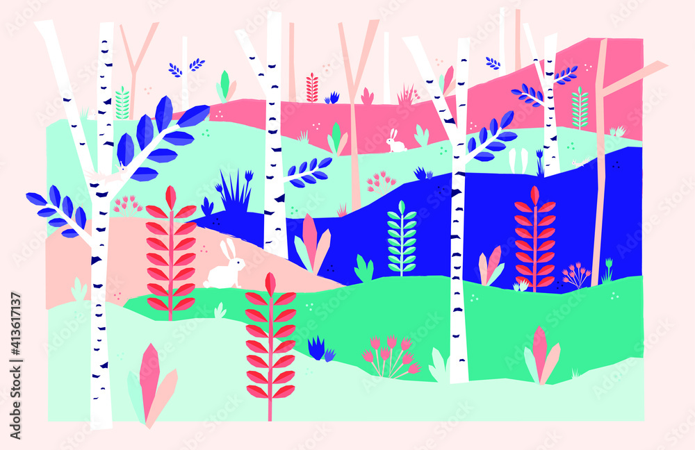 Bunny tree forest colorful vector landscape illustration