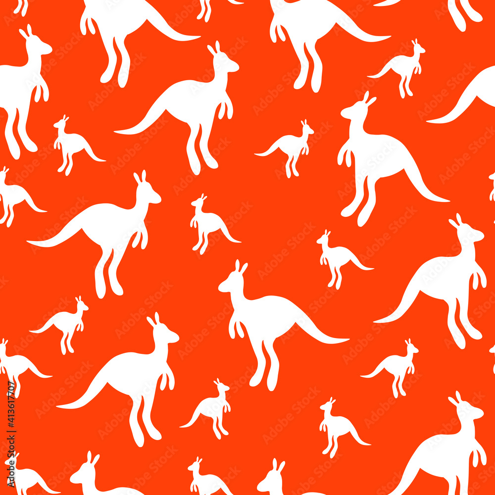 Vector flat illustration with silhouette kangaroo and baby kangaroo on fiery background.Seamless pattern on orange background. Design for card, poster, fabric, textile. Pray for Australia and animals. Vector flat illustration with silhouette kangaroo and baby kangaroo on fiery background.Seamless pattern on orange background. Design for card, poster, fabric, textile. Pray for Australia and animals.