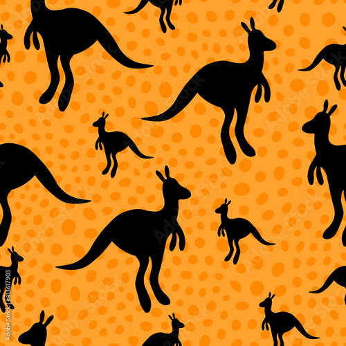 Vector flat illustration with silhouette kangaroo and baby kangaroo on fiery background. Seamless pattern on orange polka dots background. Design for fabric, textile.Pray for Australia and animals.