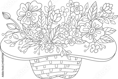 Hand drawn coloring page for kids and adults. Bouquet of flowers in a hat. Beautiful drawing with patterns and small details. Coloring pictures. Vector