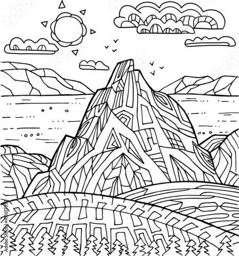 Hand drawing coloring page for kids and adults. Wild nature sea, meadow, field, forest and mountains. Beautiful drawing with patterns and small details. Coloring pictures. Vector