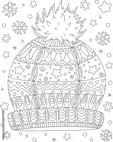 Hand drawn coloring page for kids and adults. Winter hat and snowflakes  holidays. Beautiful drawing with patterns and small details. Coloring pictures. Vector