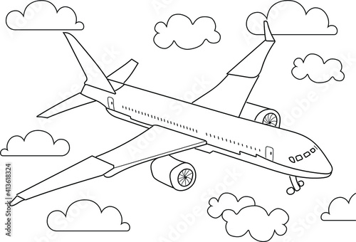 Hand drawing coloring for kids and adults. Beautiful drawings. Coloring pictures with plane, aircraft, clouds. Vector