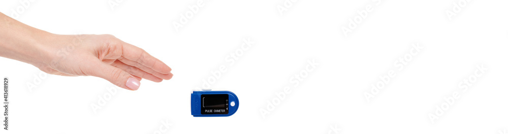 Hand with medical oximeter isolated on white background. Hand with medical oximeter isolated on white background.