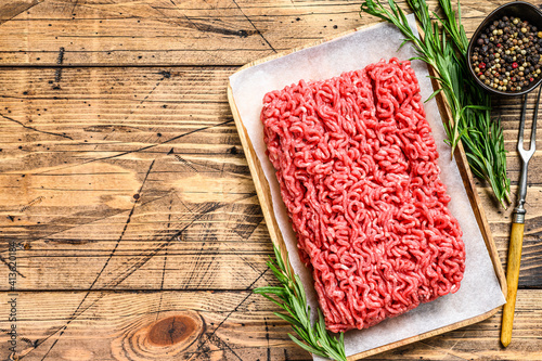 Raw Mince Ground meat. wooden background. Top view. Copy space