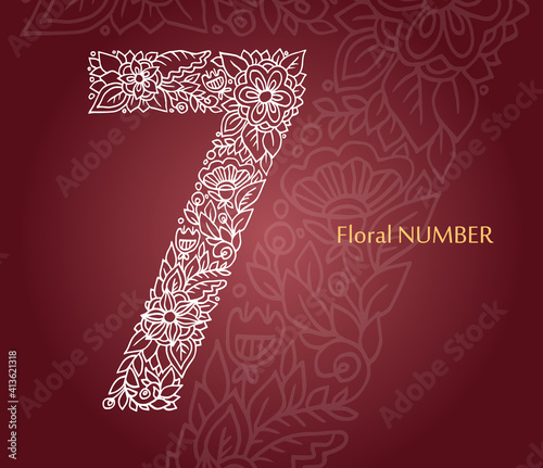 Floral number 7 made of white line leaves and flowers on burgundy background. Typographic element for design. Hand drawn Vector isolated illustration of numeral.