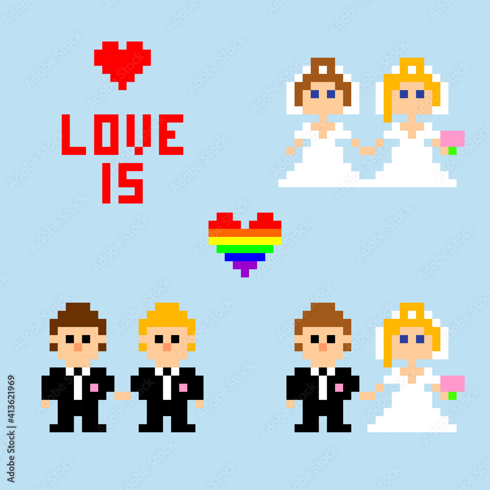 Pixel art. Newlyweds. heterosexual couple, gay couple, and bisexual couple in style of 8-bit game. Vector illustration.