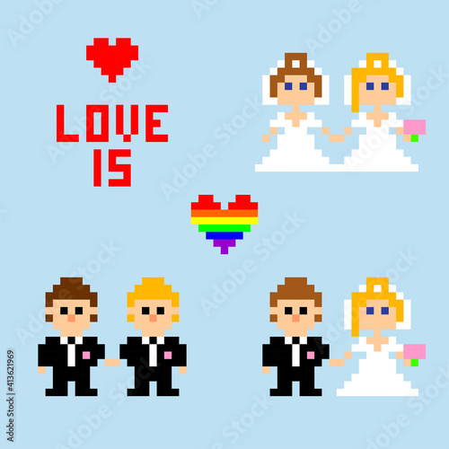 Pixel art. Newlyweds. heterosexual couple, gay couple, and bisexual couple in style of 8-bit game. Vector illustration. © svetlanasmirnova