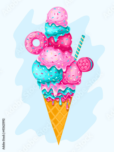 blue mint and pink strawberry ice cream with biscuits, donut, syrup and sprinkles in waffle cone. Vector illustration.