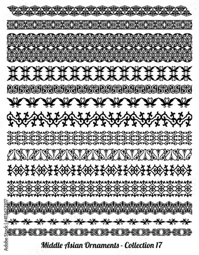 Collection of 14 vector borders, dividers and frames of Kazakh, Uzbek, Mongolian Middle asian national Islamic ornaments, black and whute, isolated, on white background.
