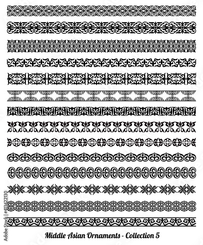 Collection of 14 vector borders, dividers and frames of Kazakh, Uzbek, Mongolian Middle asian national Islamic ornaments, black and whute, isolated, on white background.