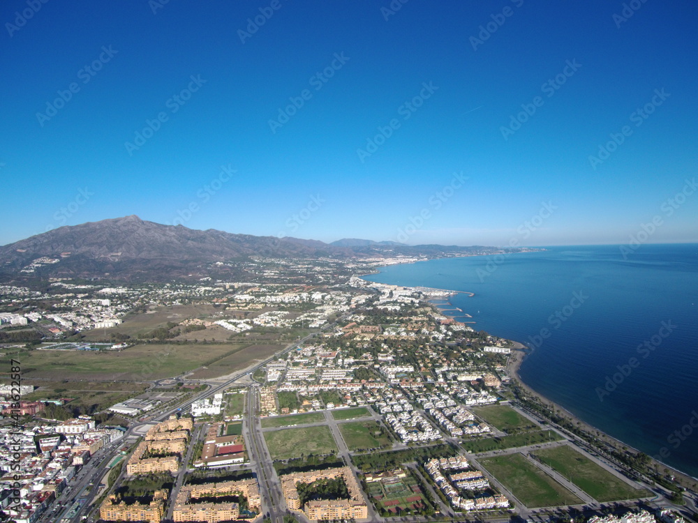 Aerial view of Mediterranean Sea coast line, Marbella, Malaga, Spain.