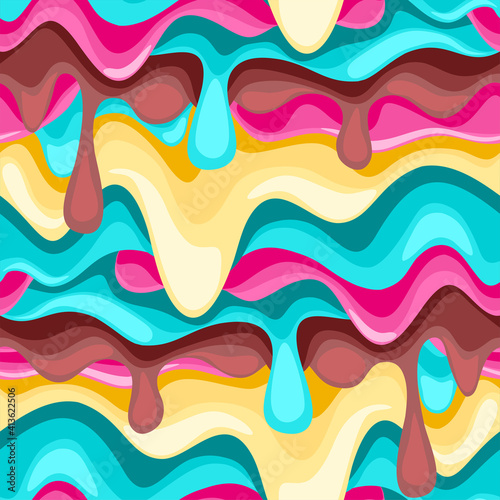 Seamless pattern chocolate, strawberry, blueberry, mint, vanilla, caramel, lemon and banana ice cream.