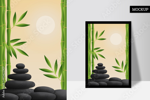 Abstract background with bamboo and stones. Beautiful landscape dawn in the bamboo forest. Vector illustration. Bamboo wallpaper. Modern poster in flat style. Colorful relax picture. Mockup.