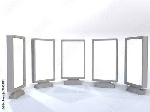 3D RENDER ILLUSTRATION. Advertising stand displays media movie screen blank on white space board background.  