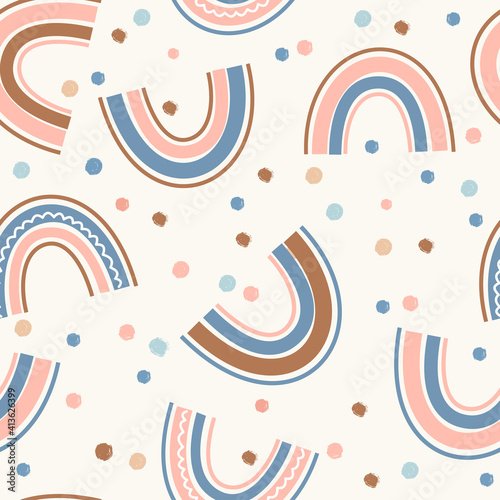 Seamless pattern with abstract rainbow and dots in scandinavian style