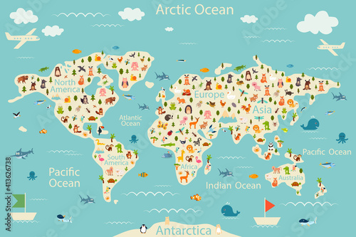 Cartoon world map with animals and trees. Vector illustration