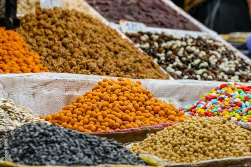 Nuts  dried fruits and spices in the souks of Marrakech in Morocco